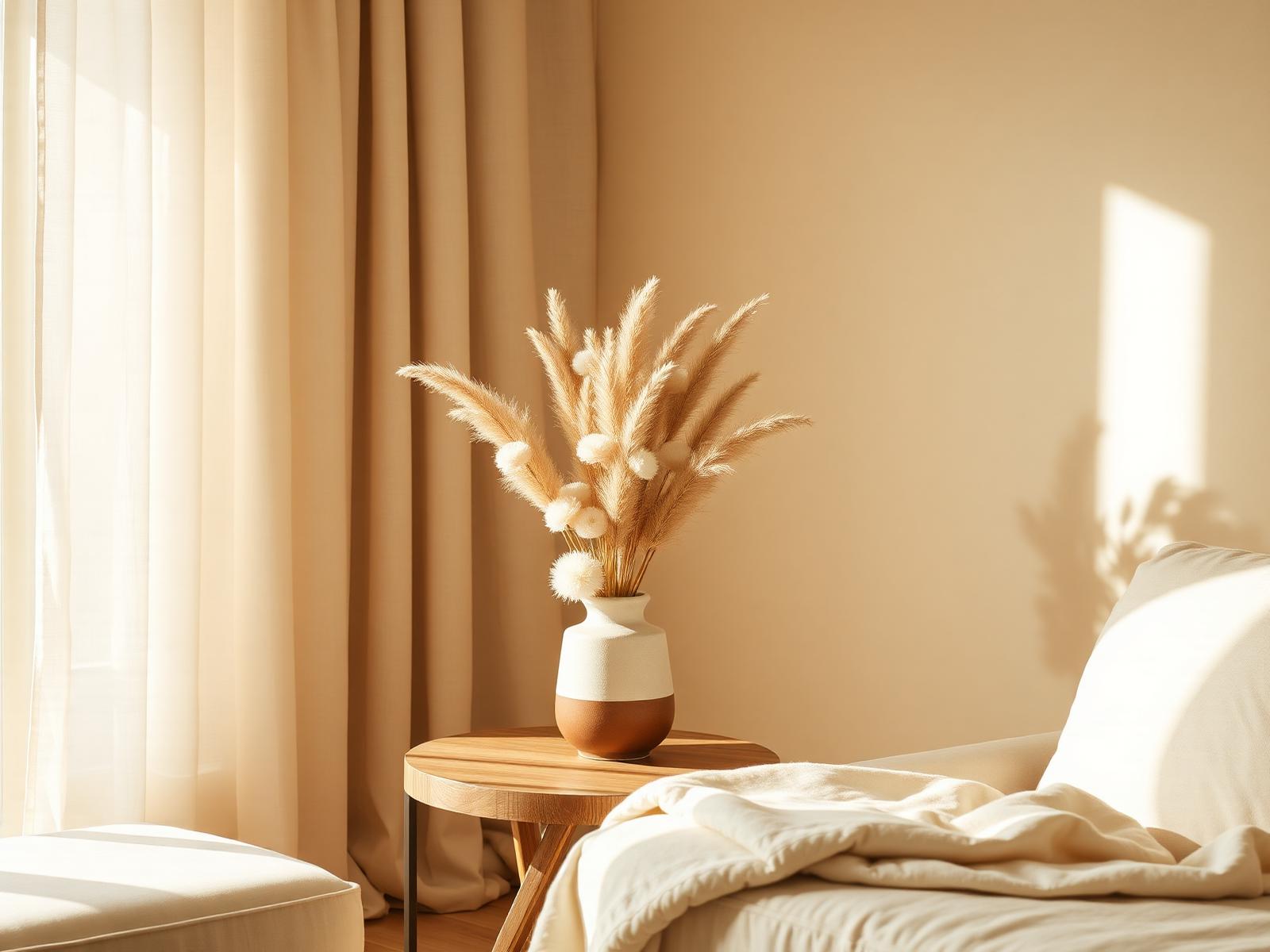 A serene retreat space with linen, dried pampas and warm natural light